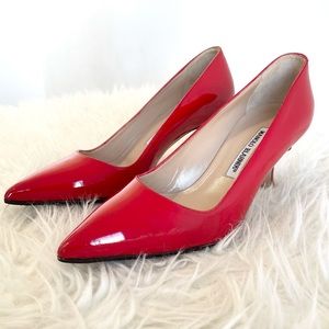 Manolo Blahnik BB Pump red patent leather heels pointed toe classic